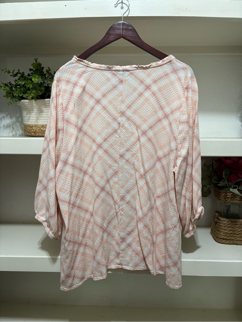 Lane Bryant Cream and Pink Plaid Tie-Front Tunic - Picture 3 of 5